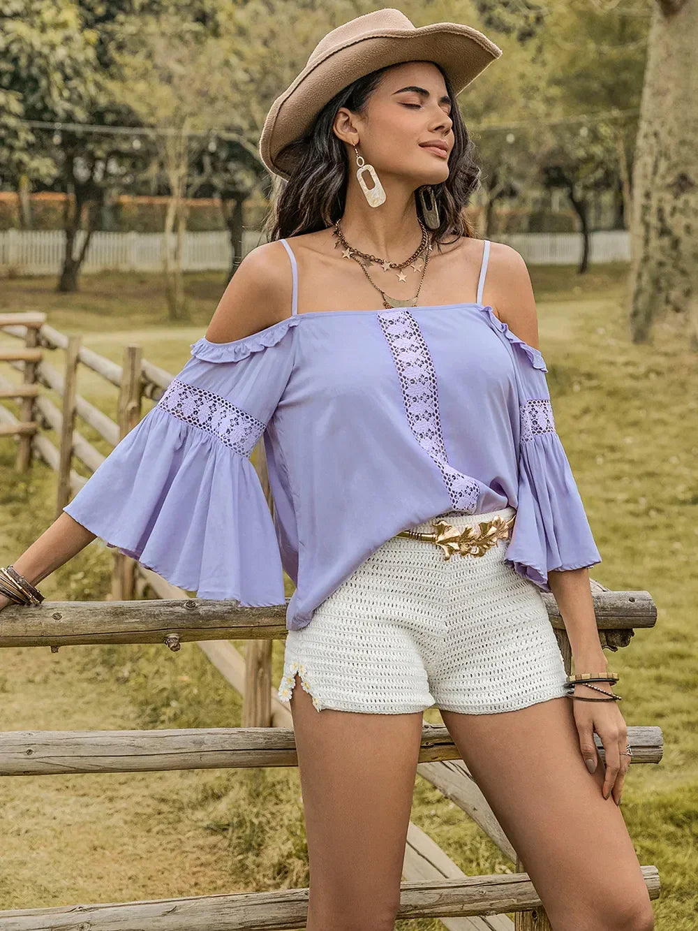 Square Neck Flare Sleeve Blouse With Lace Ruffled Design - Southern Shores Clothing