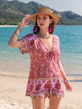 Floral Print V-Neck Short Sleeve Romper With Tie Front Details - Southern Shores Clothing