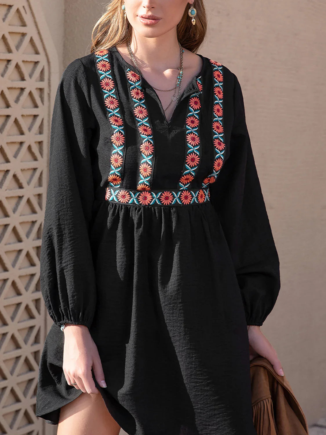 Notched Neck Long Sleeve Printed Mini Dress - Southern Shores Clothing