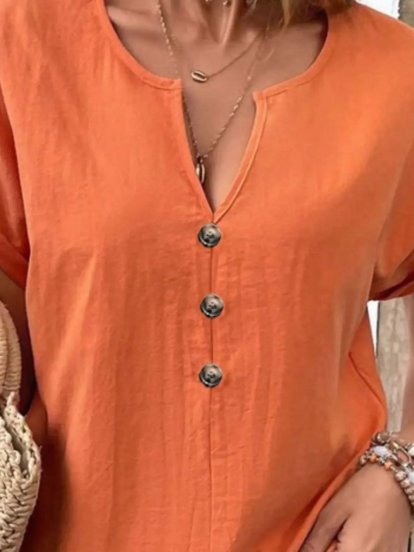 Plus Size Notched Short Sleeve T Shirt With Button Front - Southern Shores Clothing