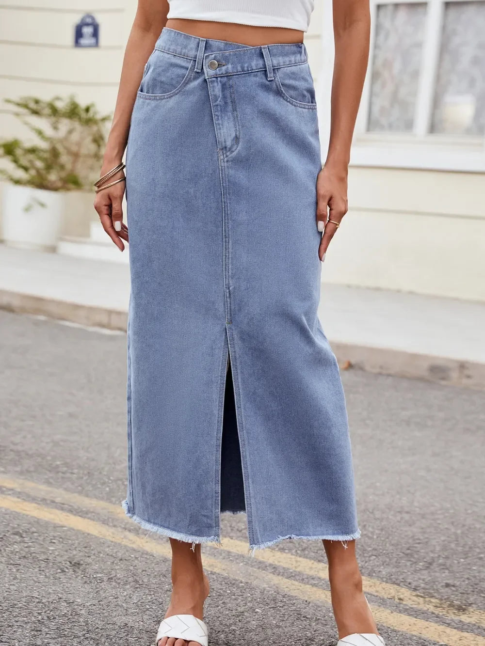 Slit Asymmetrical Waist Denim Skirt With Stretch - Southern Shores Clothing