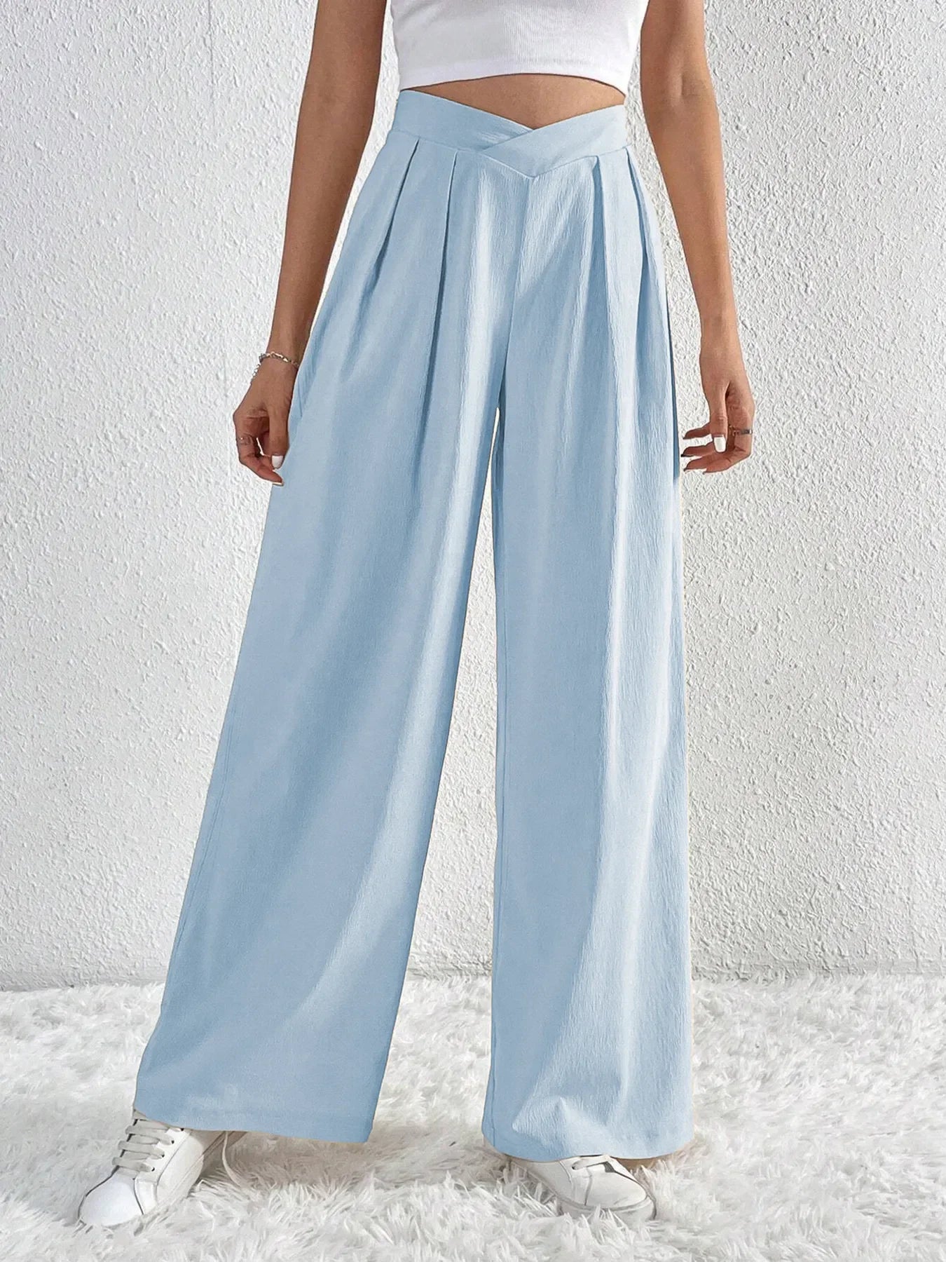 V-Waisted Ruched Front Flowing Wide Leg Pants Casual Wear - Southern Shores Clothing