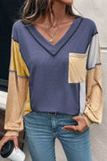 Color Block V Neck Long Sleeve T Shirt With Pocket - Southern Shores Clothing