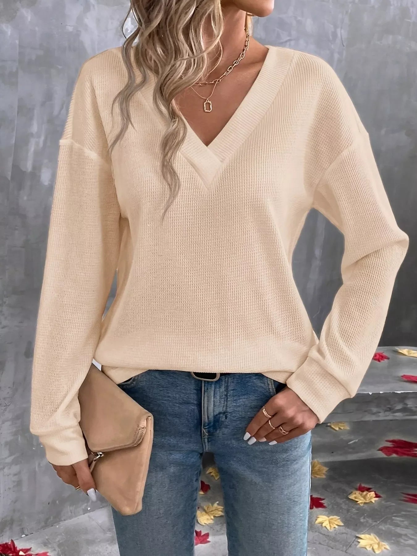 Plus Size V-Neck Long Sleeve Waffle Knit Shirt - Southern Shores Clothing