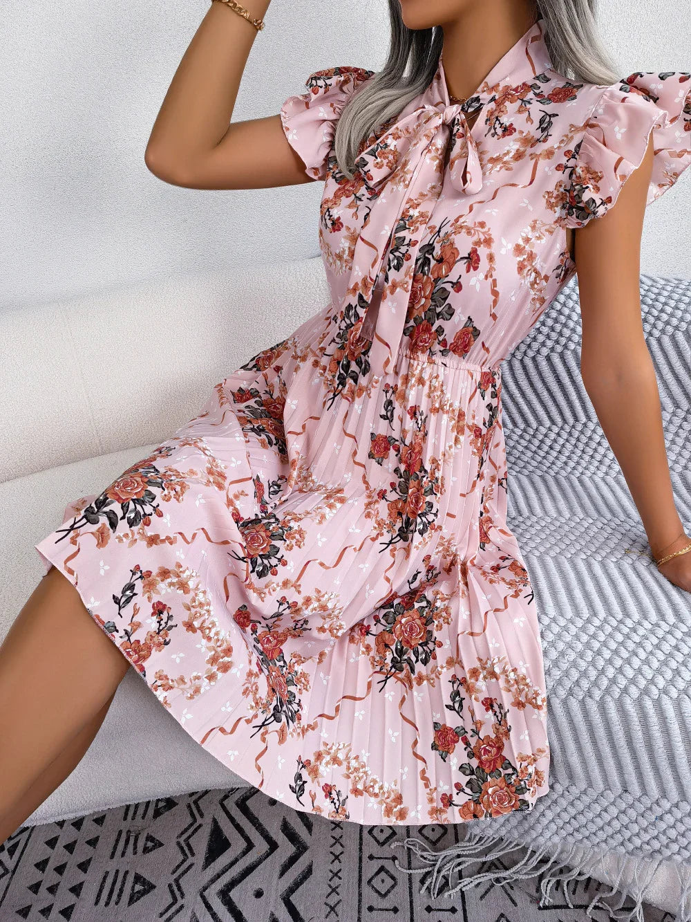 Pleated Floral Printed Tie Neck Knee Length Dress - Southern Shores Clothing