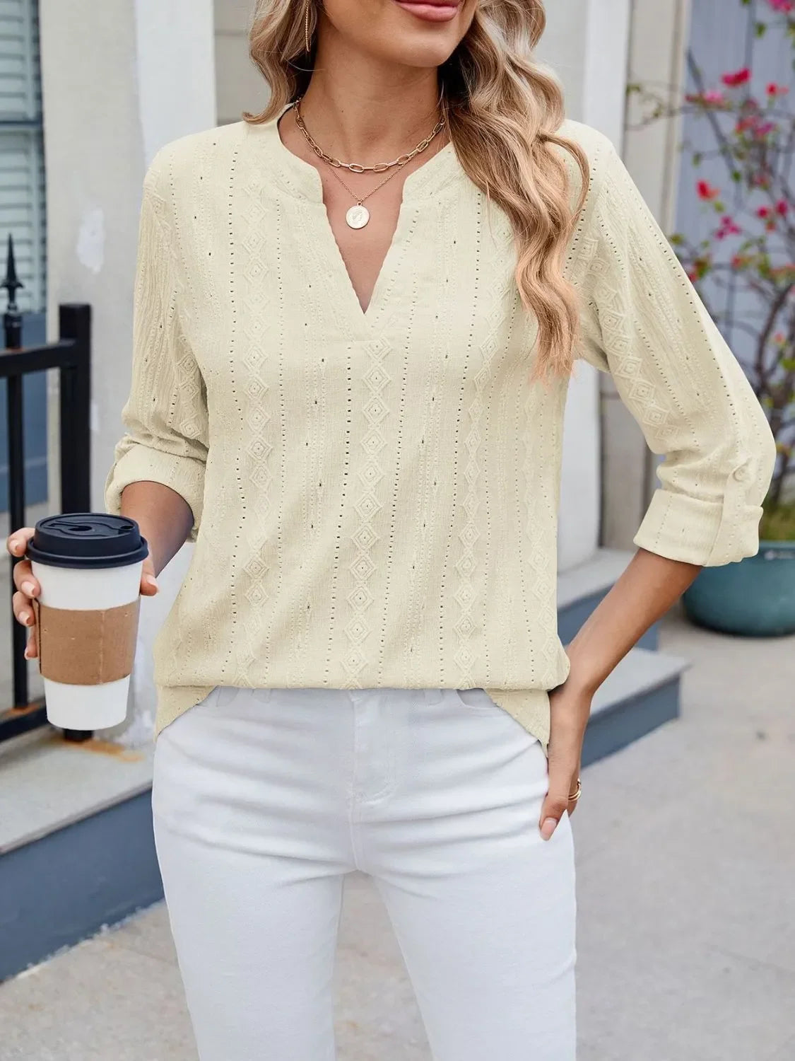 Eyelet Notched Roll-Tab Sleeve Top For Everyday Casual Wear - Southern Shores Clothing