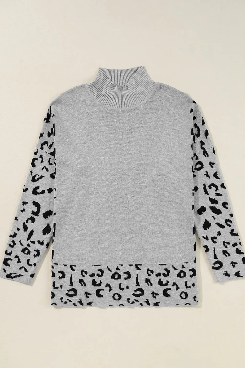Slit Leopard Mock Neck Dropped Shoulder Sweater - Southern Shores Clothing