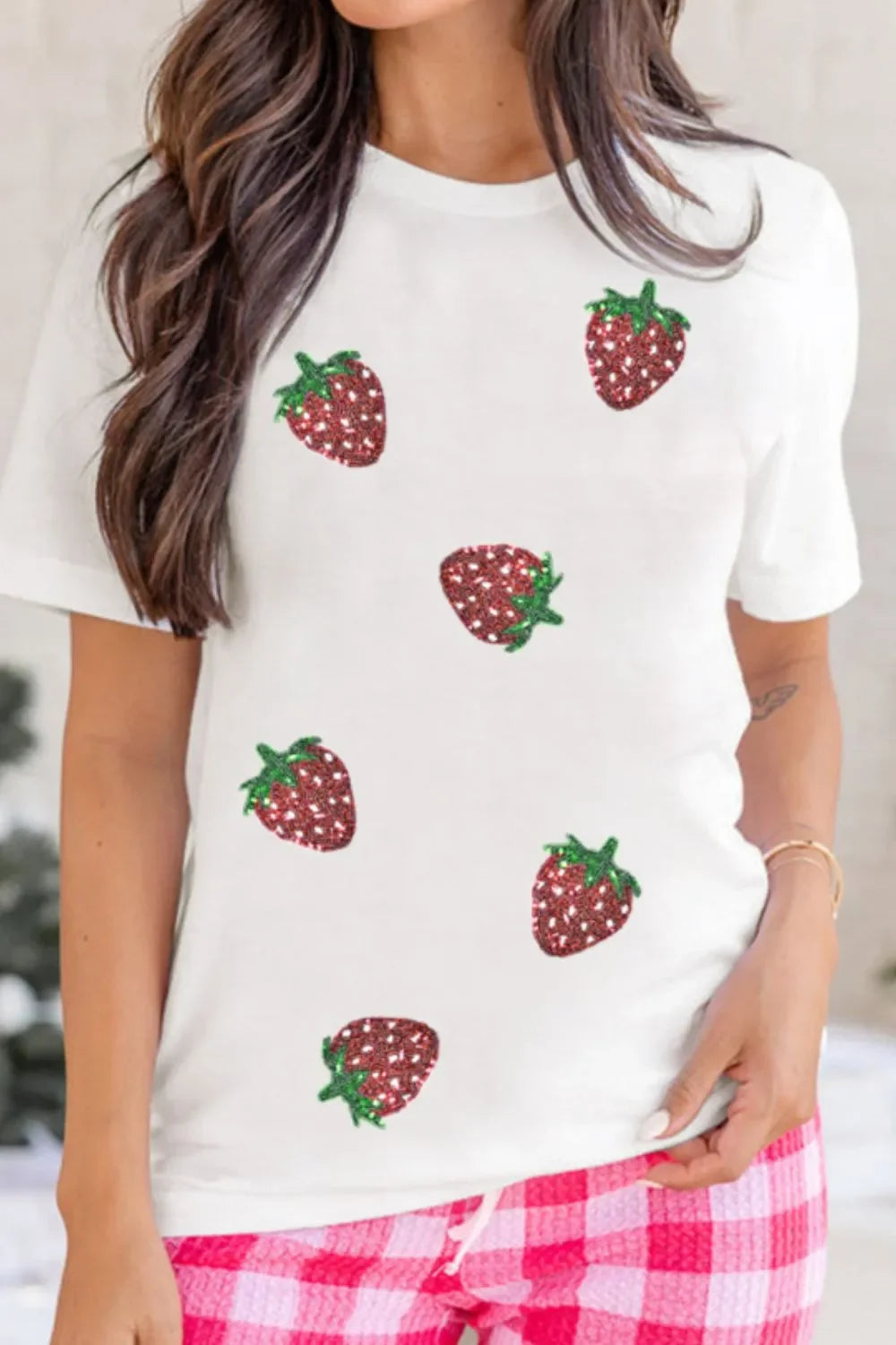 Sequin Strawberry Crew Neck Short Sleeve T Shirt - Southern Shores Clothing