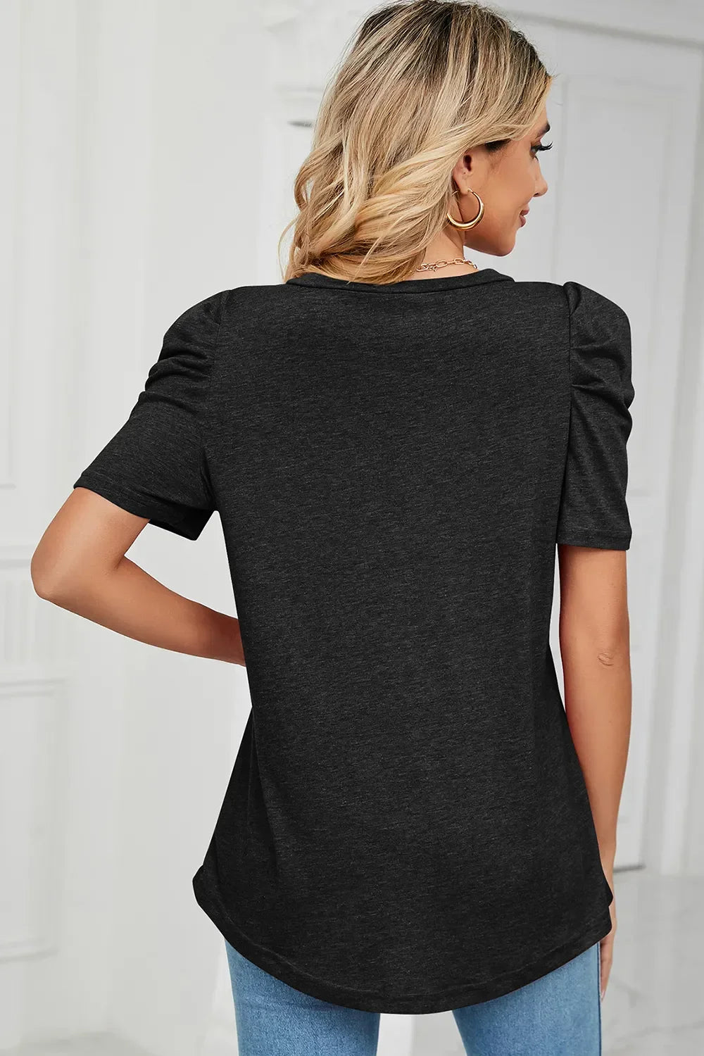 Heathered V-Neck Puff Sleeve T-Shirt - Southern Shores Clothing