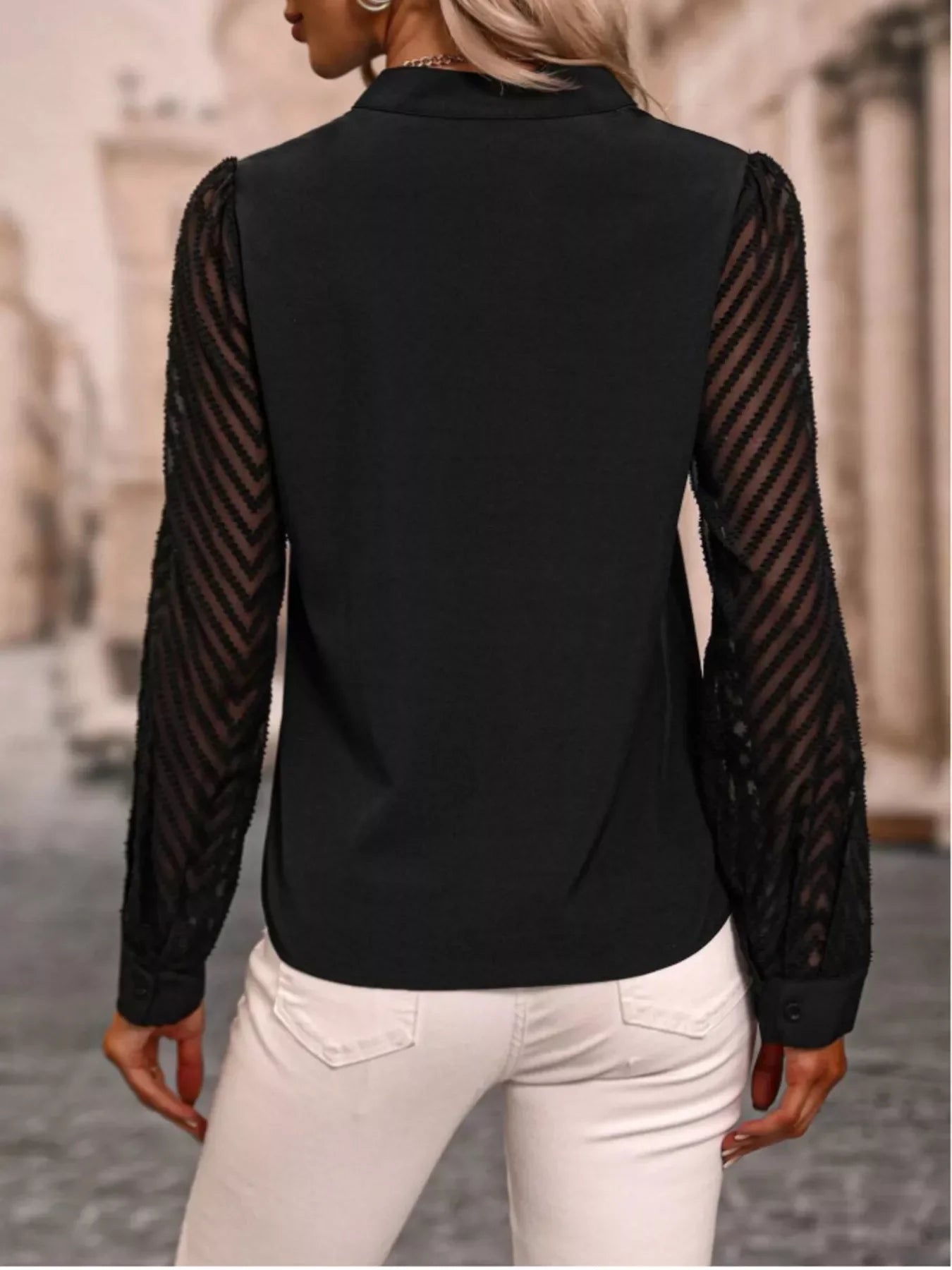 Southern Shores Clothing Notched Long Sleeve Blouse In 95 Percent Polyester And 5 Percent Spandex - Southern Shores Clothing