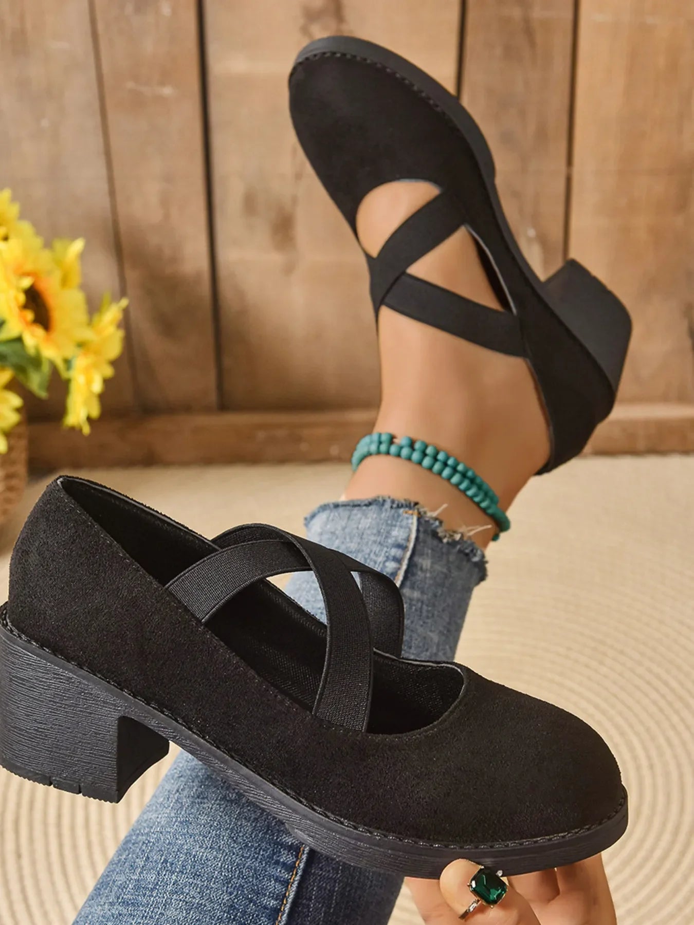 Crisscross Block Heel Pumps Leather Look - Southern Shores Clothing