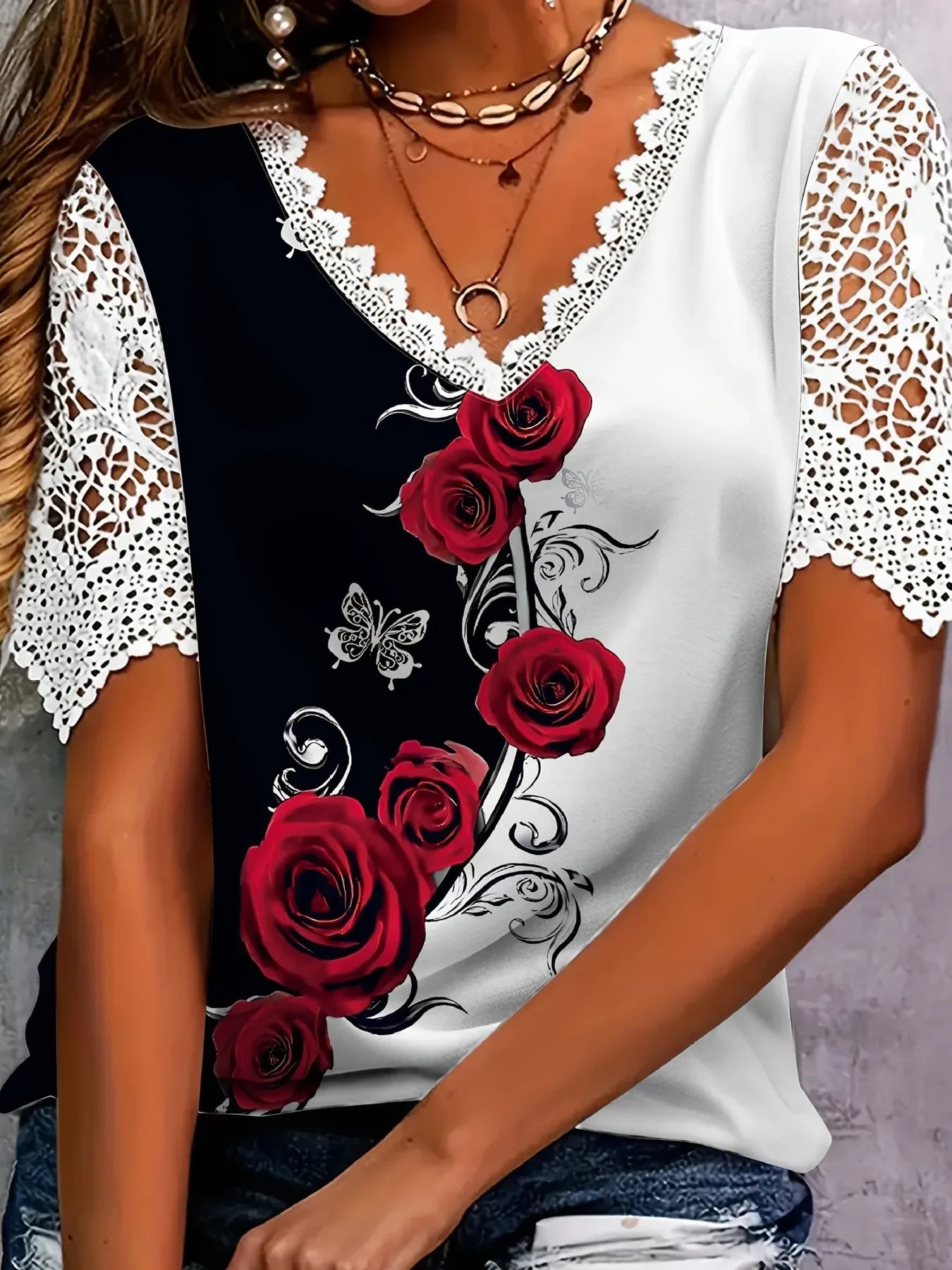 Full Size Printed Lace Sleeve V-Neck T-Shirt Plus Size - Southern Shores Clothing