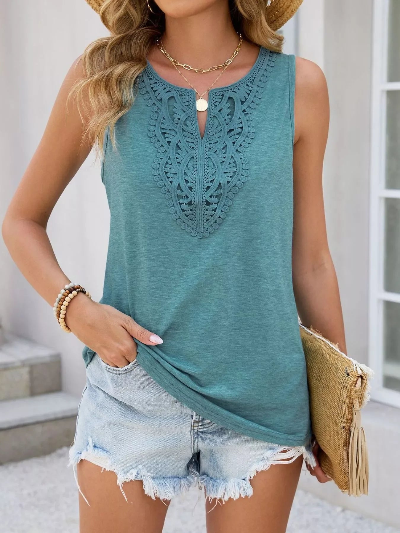Lace Trim Sleeveless Tank Top With Intricate Lace Front - Southern Shores Clothing