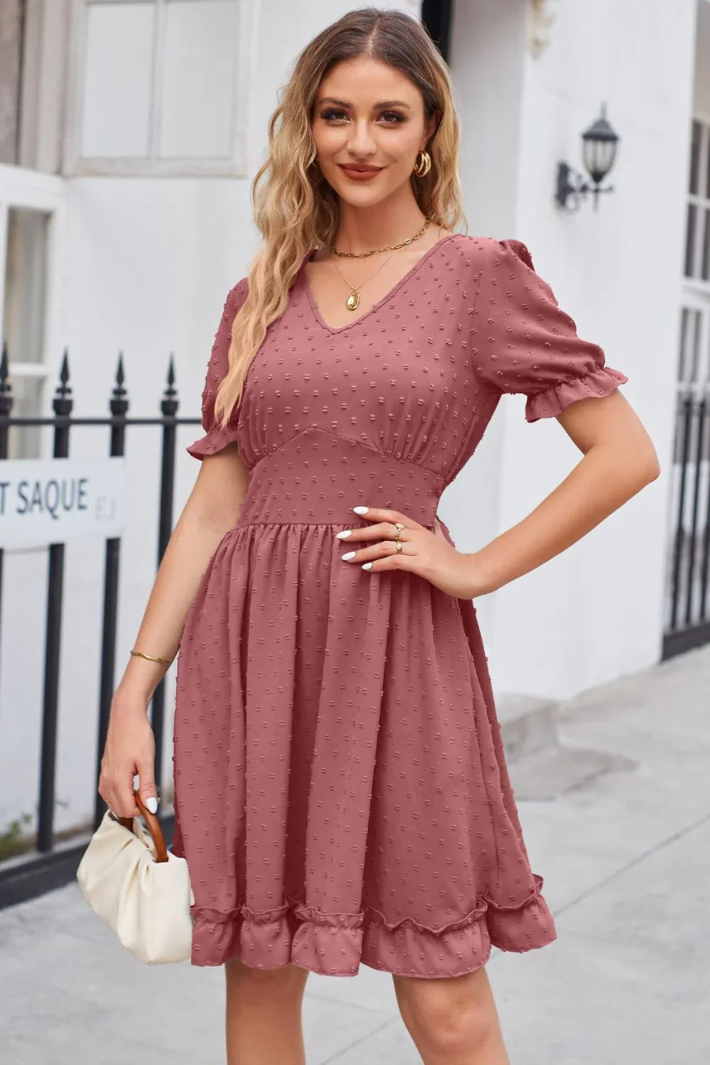 Swiss Dot Frill Trim Flounce Sleeve V Neck Dress - Southern Shores Clothing