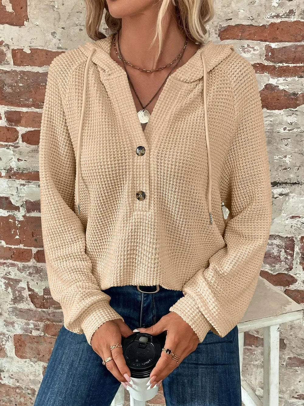 Waffle Knit Long Sleeve Drawstring Hooded Top - Southern Shores Clothing