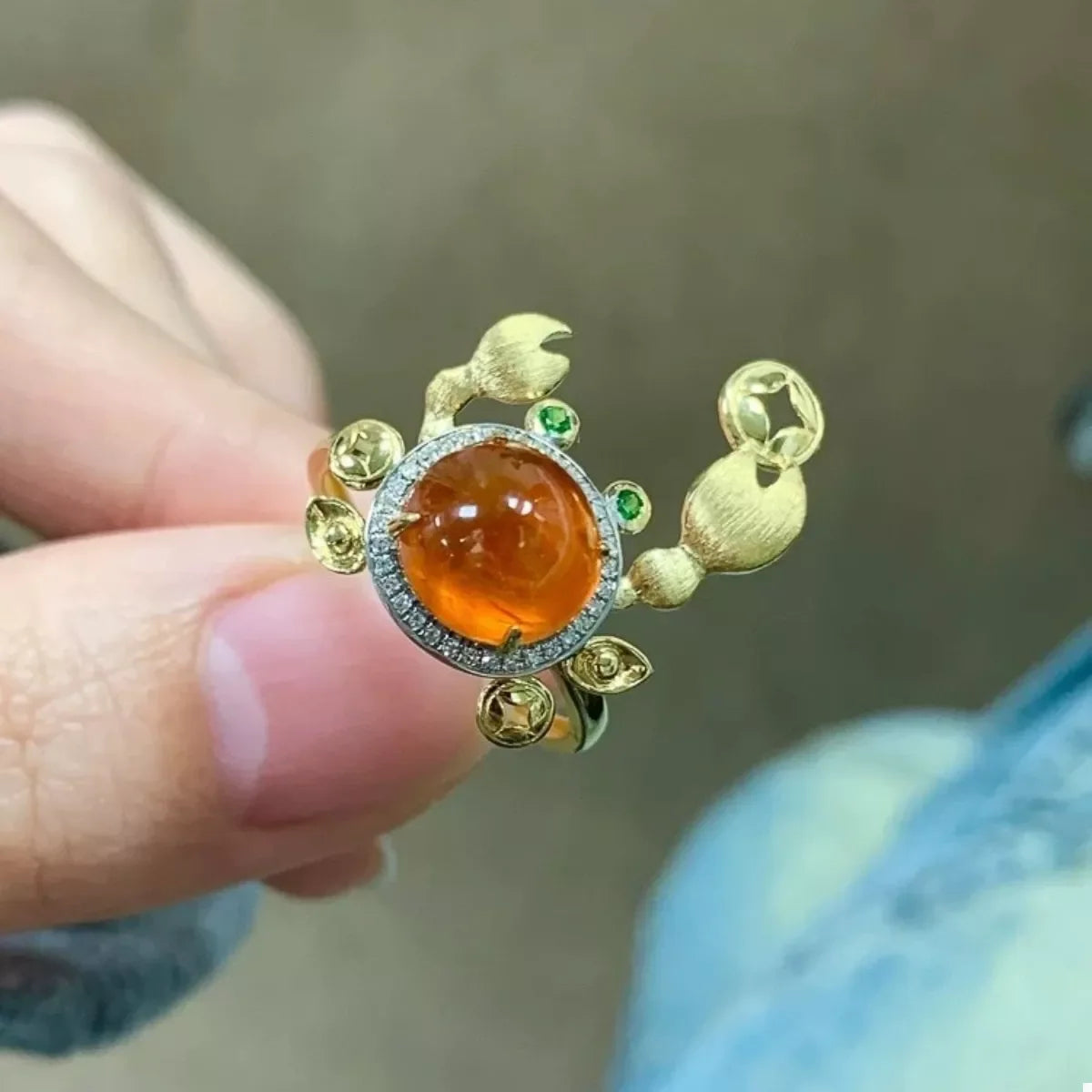18K Plated Crab Ring With Amber Cabochon And Crystal Accents - Southern Shores Clothing