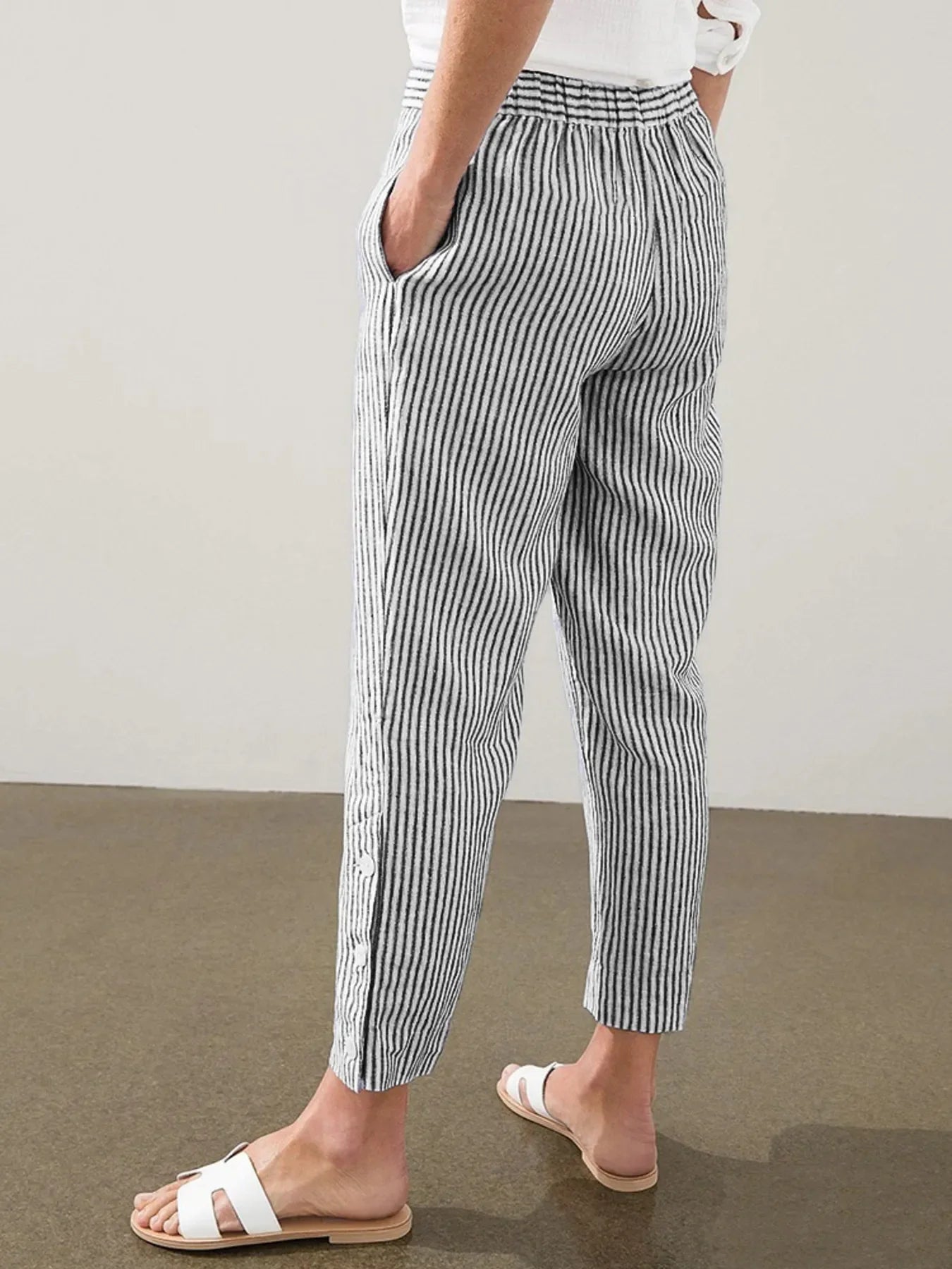 Striped Button Detail Plus Size Pants Coastal Comfort - Southern Shores Clothing