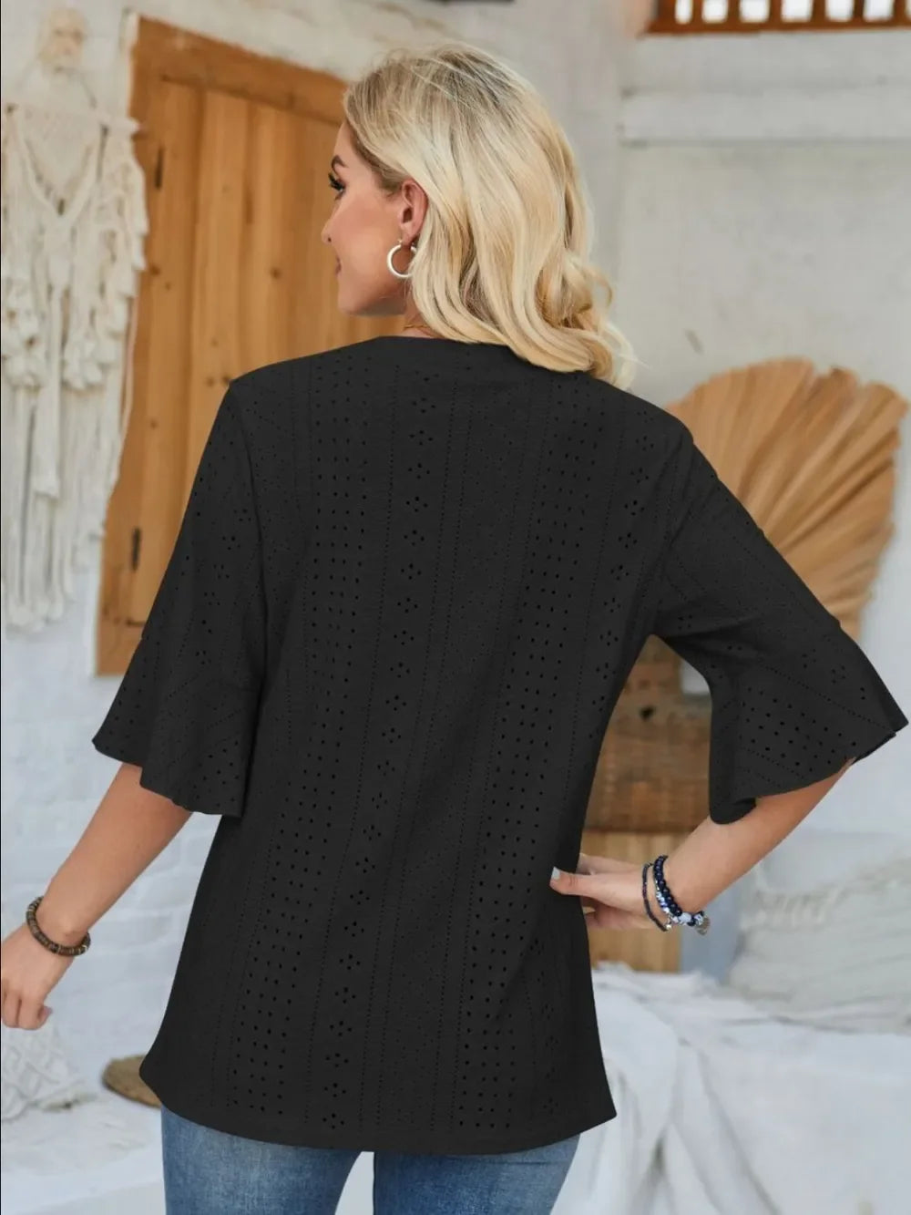 Eyelet Notched Half Sleeve T Shirt With Opaque Design - Southern Shores Clothing