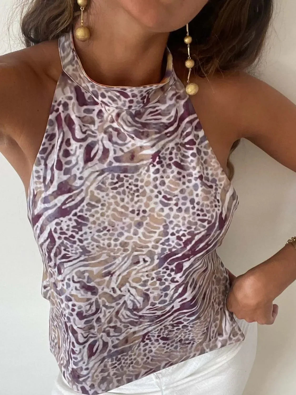 Backless Printed Halter Neck Tank Top With Slight Stretch - Southern Shores Clothing