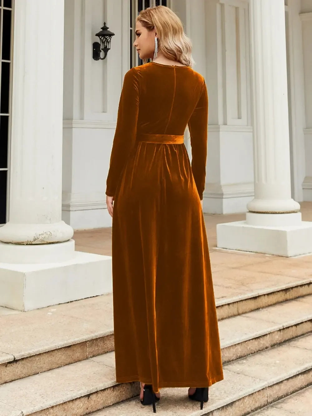 Tie Front Round Neck Long Sleeve Maxi Dress - Southern Shores Clothing