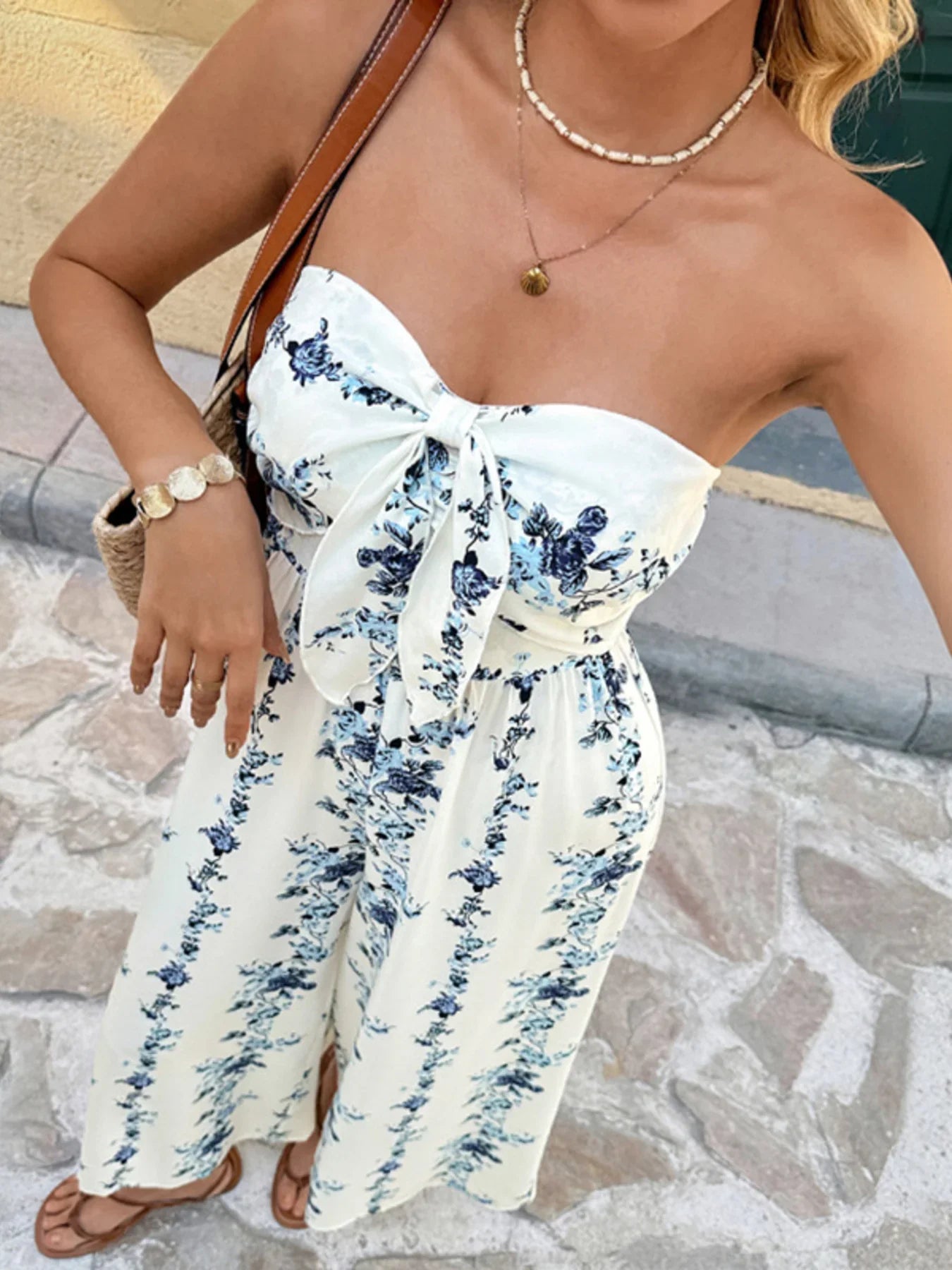 Smocked Tie Front Strapless Wide Leg Jumpsuit - Southern Shores Clothing