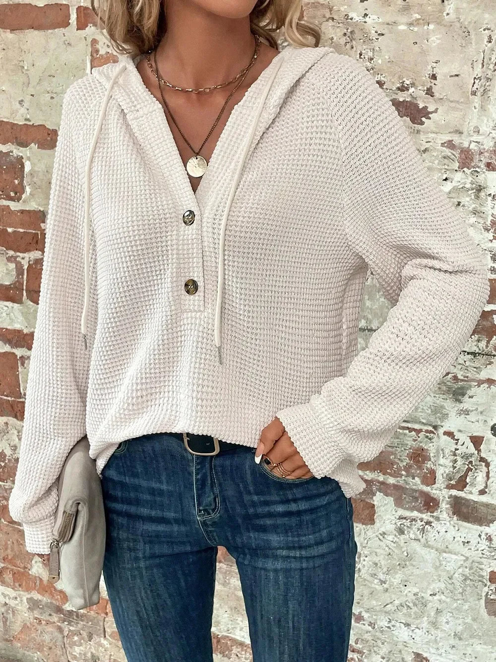 Waffle Knit Long Sleeve Drawstring Hooded Top - Southern Shores Clothing