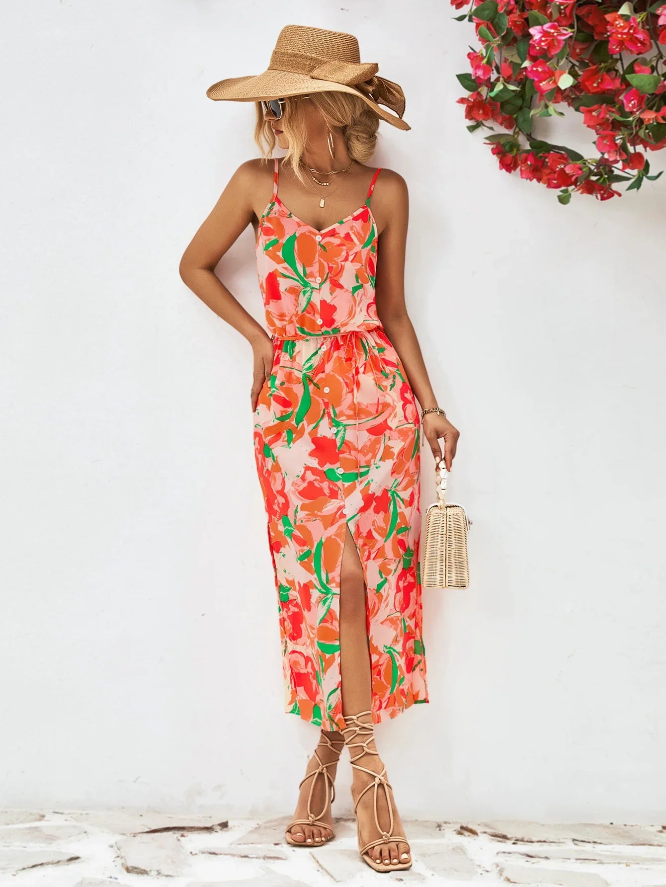 Printed Spaghetti Strap Front Slit Dress - Southern Shores Clothing