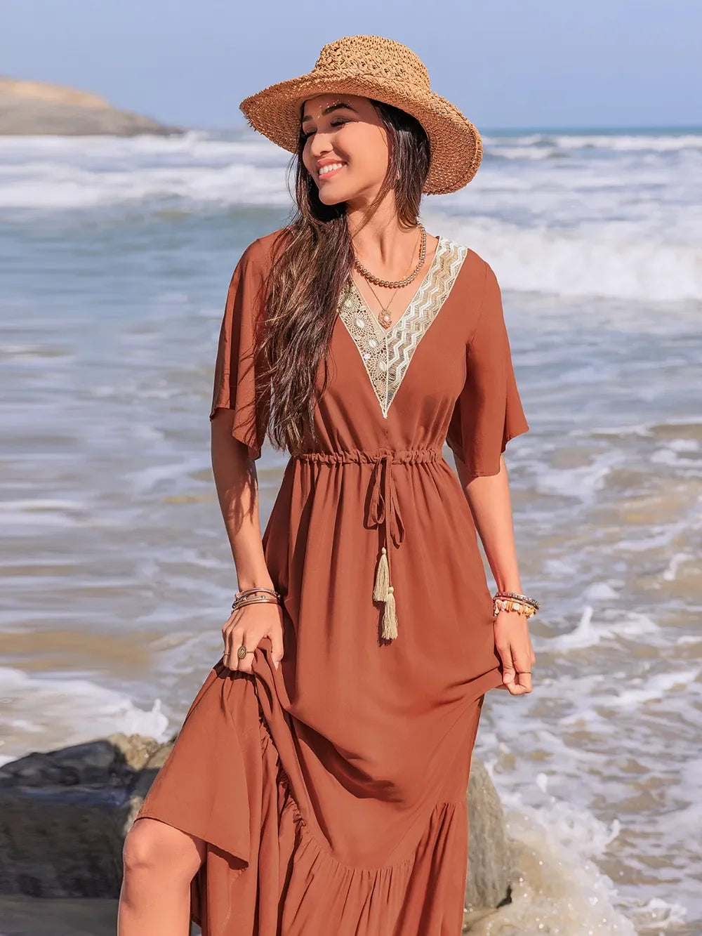 Ruffled Tassel V-Neck Flutter Sleeve Dress With Lace Trim - Southern Shores Clothing