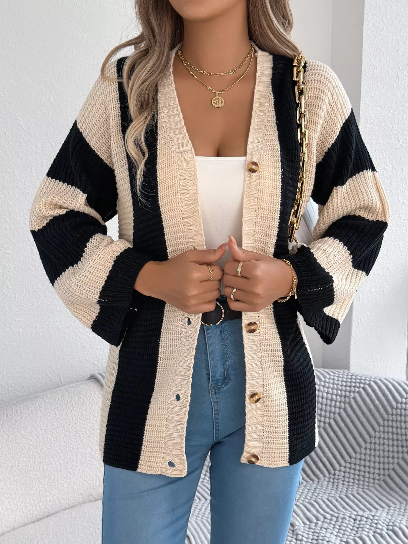 Block Pattern Button-Up Cardigan With Slight Stretch - Southern Shores Clothing