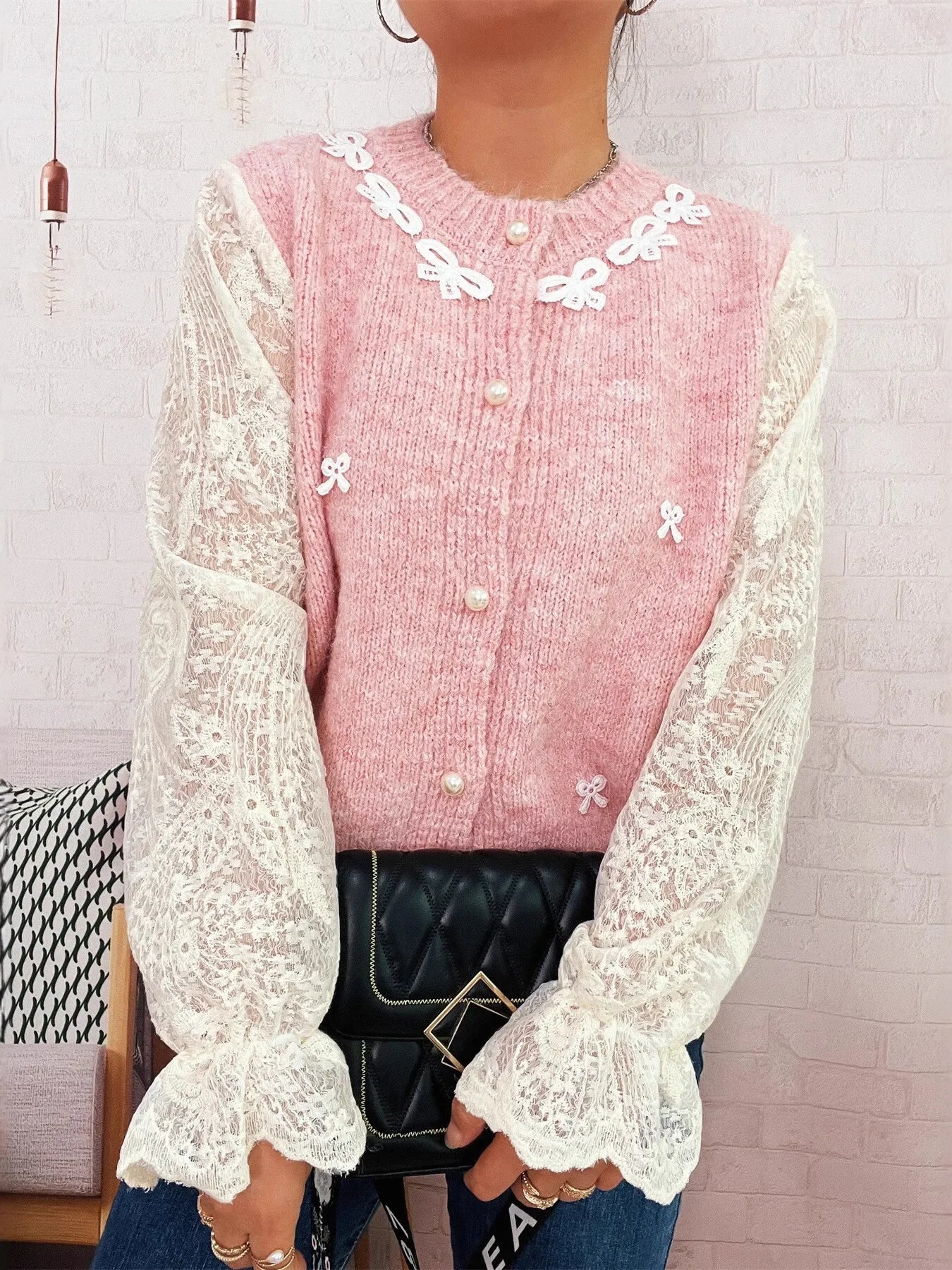 Lace Sleeve Button-Up Cardigan With Ruffled Detail - Southern Shores Clothing