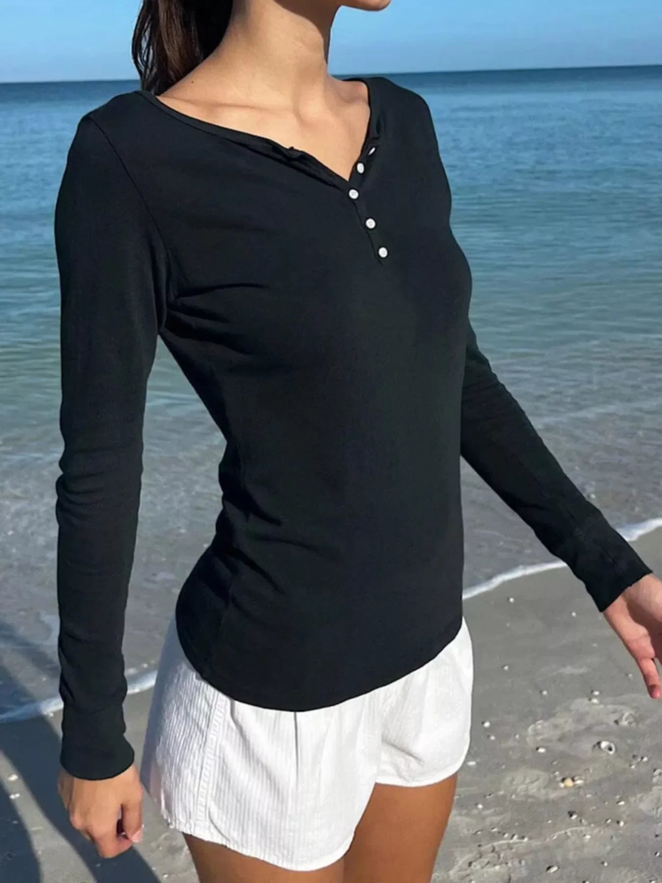 Striped Long Sleeve Henley T-Shirt - Southern Shores Clothing