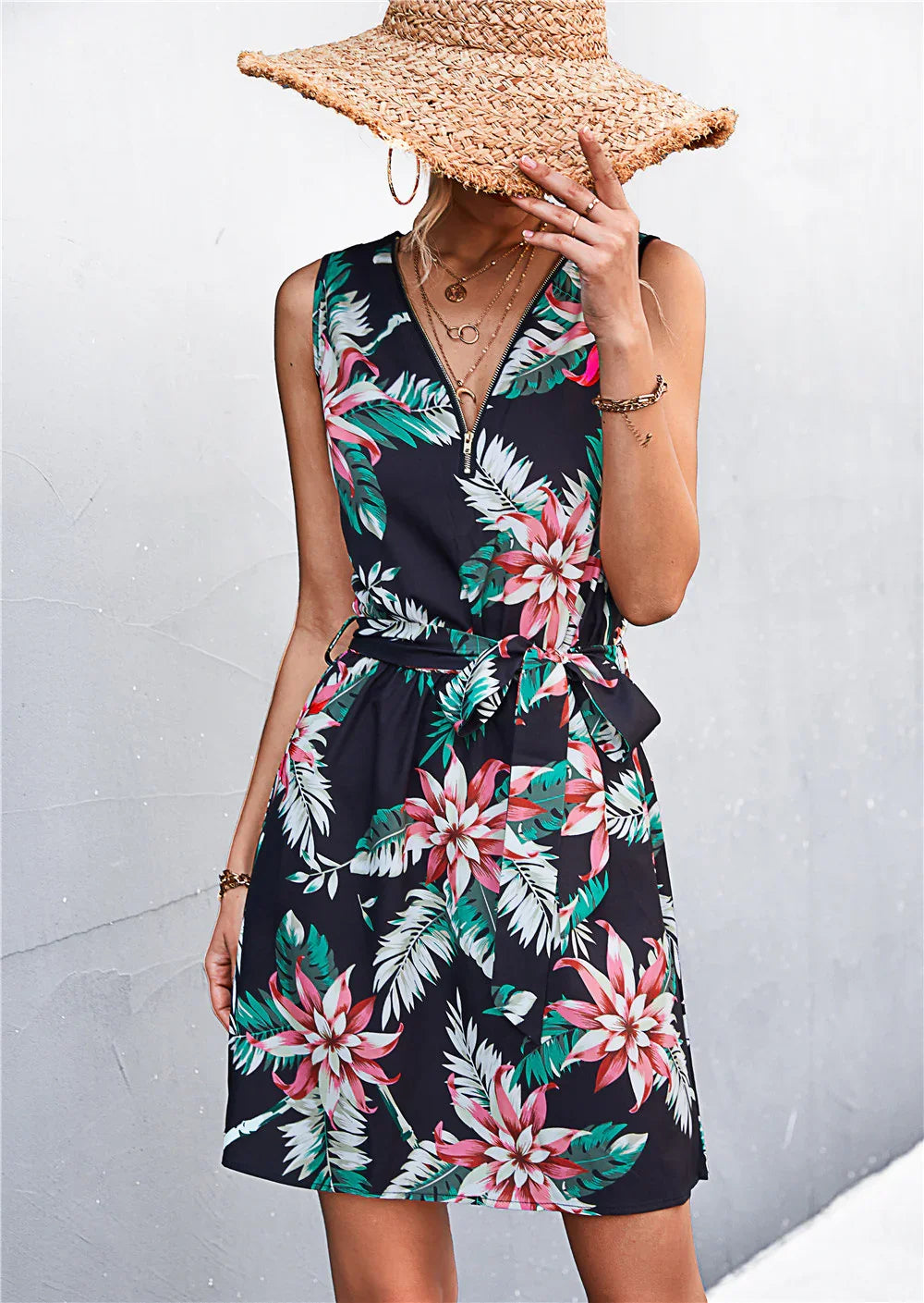 Printed Zip Detail Belted Sleeveless Dress - Southern Shores Clothing