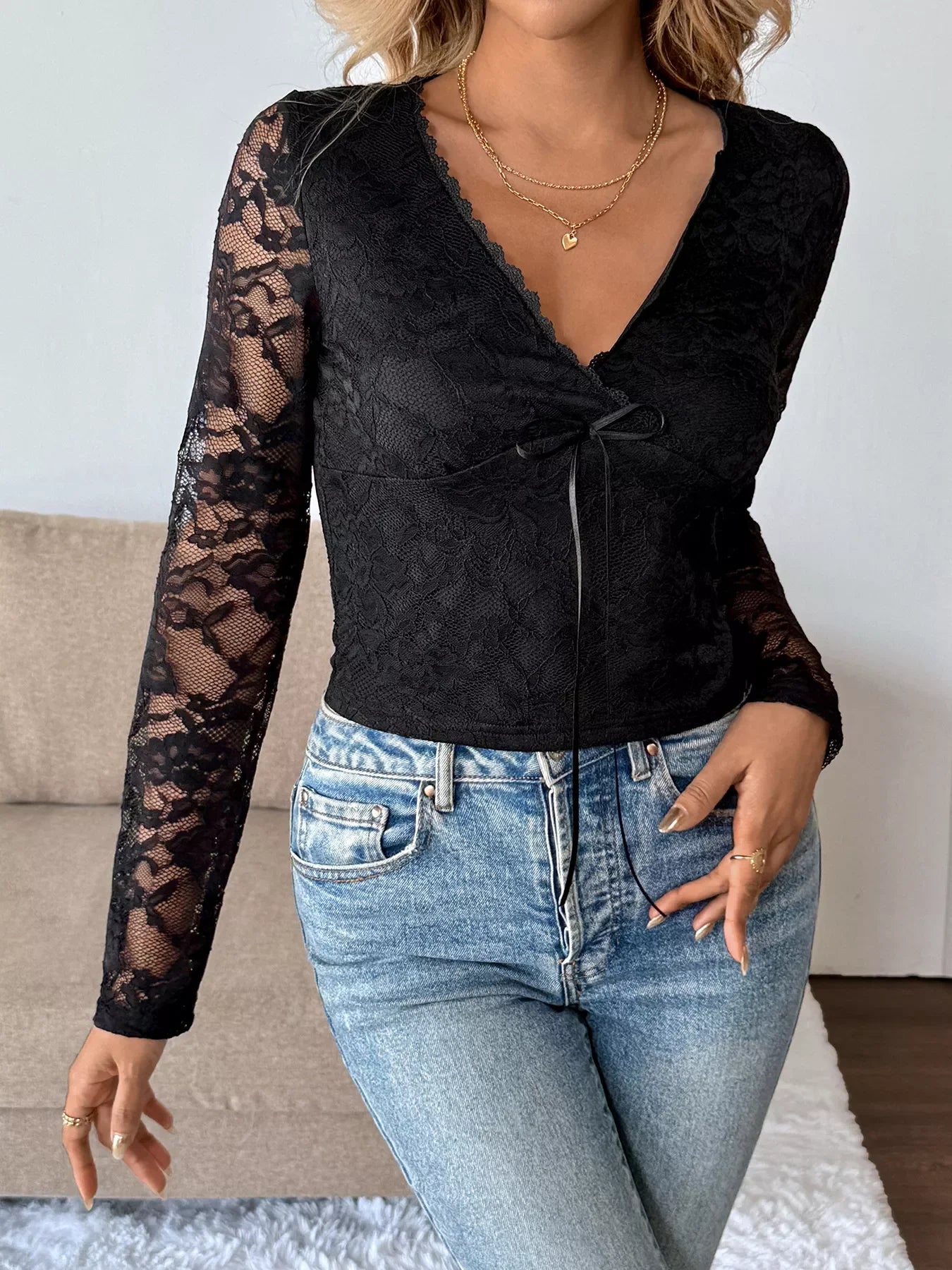 Long Sleeve Floral Lace Mesh Cropped Top - Southern Shores Clothing