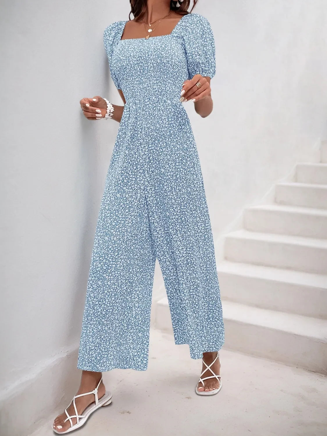 Printed Square Neck Puff Sleeve Jumpsuit - Southern Shores Clothing