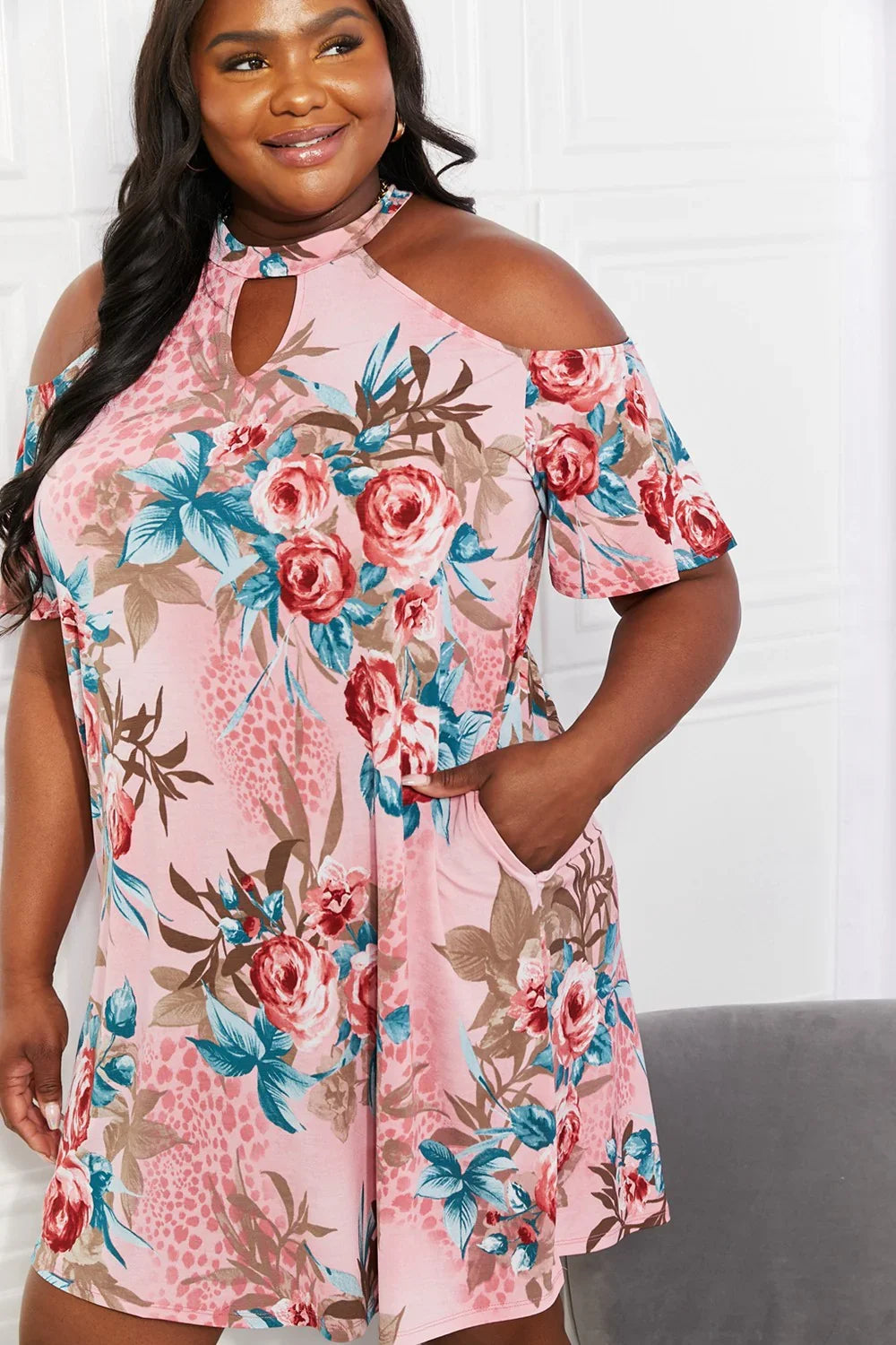 Tropical Print Cold Shoulder Dress Keyhole - Southern Shores Clothing