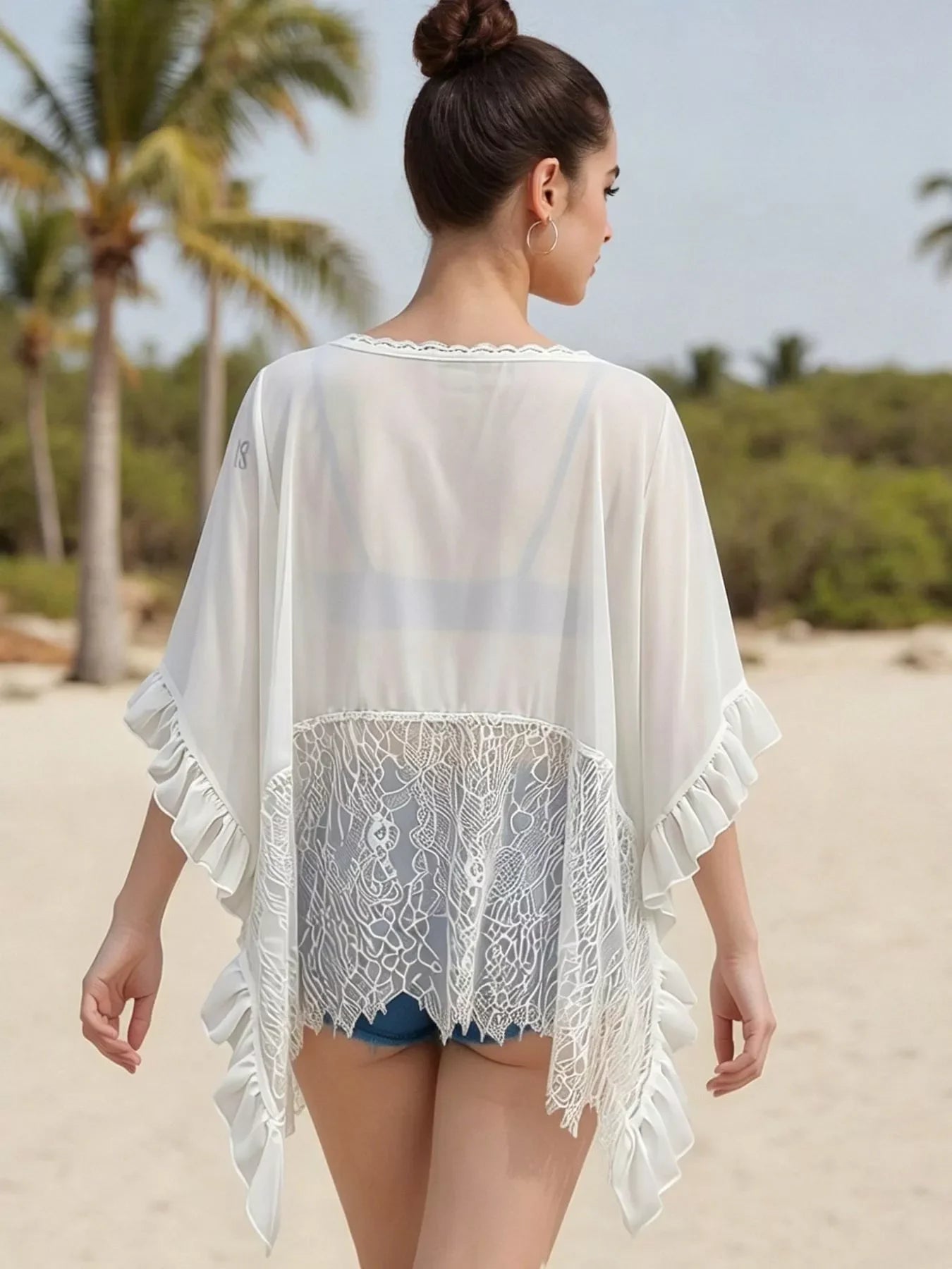 Lace Trim Sheer Flowy Cover Up With V Neck And Ruffle Details - Southern Shores Clothing