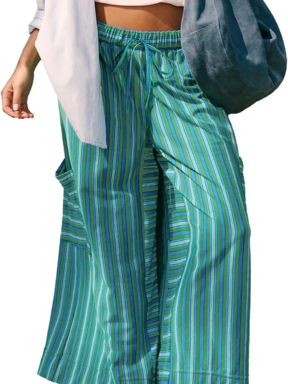 Wide Leg Contrast Striped Pants With Breathable Fabric - Southern Shores Clothing