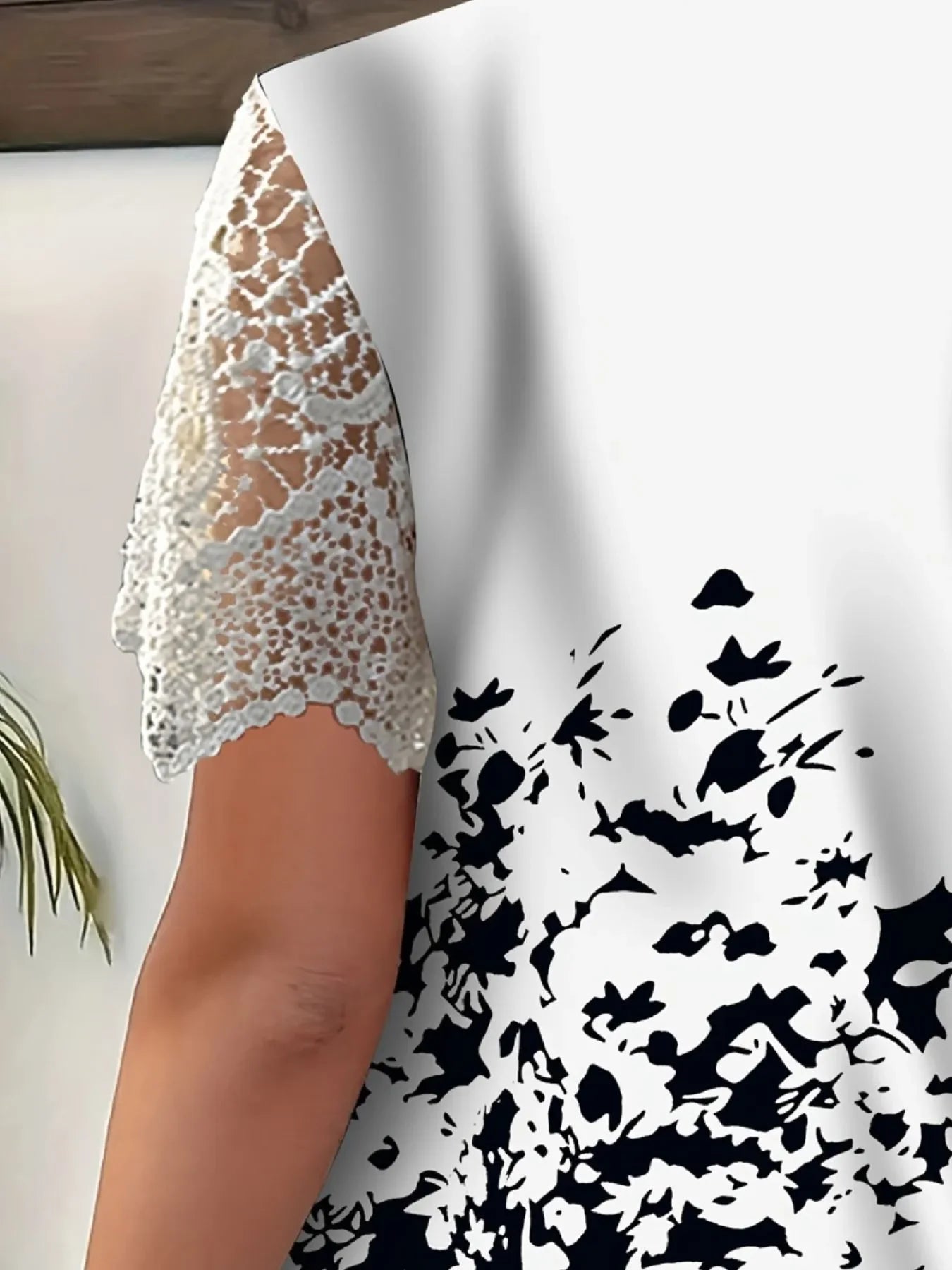 Full Size Printed Lace Sleeve V-Neck T-Shirt Plus Size - Southern Shores Clothing