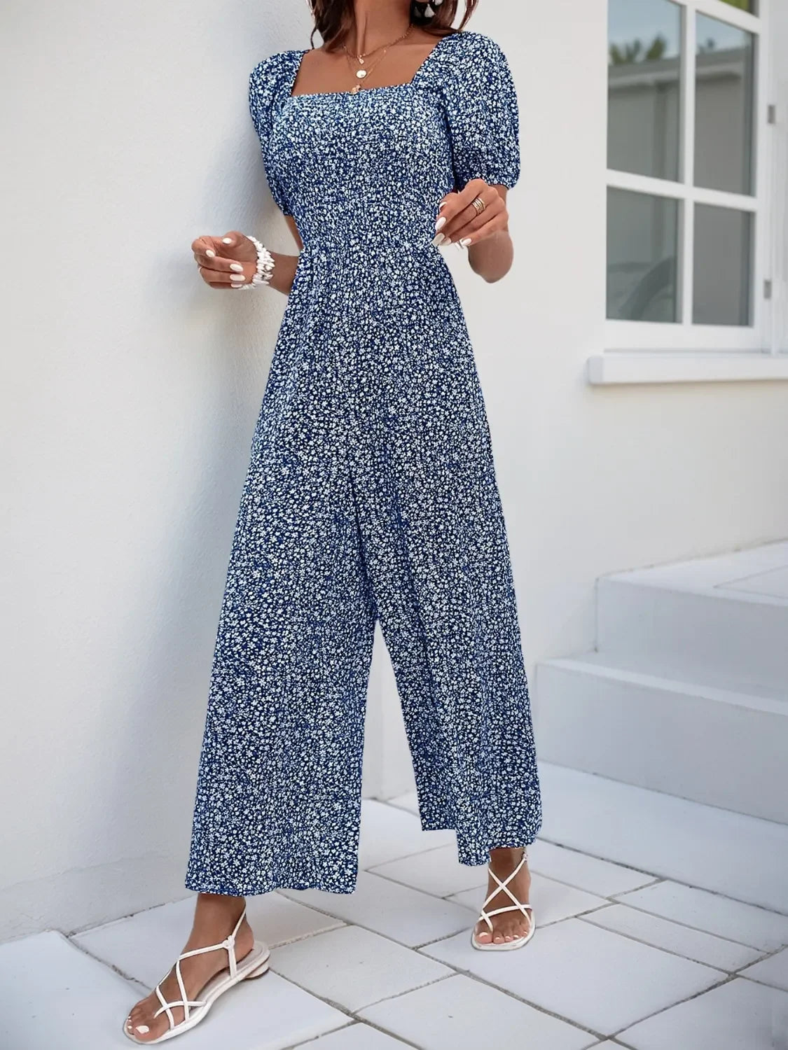 Printed Square Neck Puff Sleeve Jumpsuit - Southern Shores Clothing