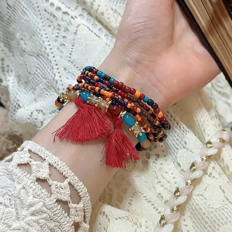 Multi Strand Boho Tassel Rice Bead Bracelet With Layered Beads - Southern Shores Clothing