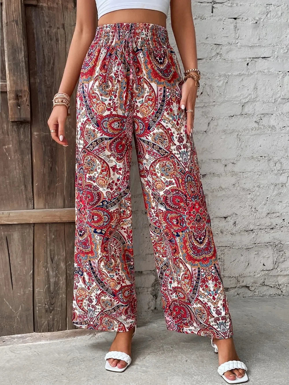 Printed Wide Leg Pants With Paisley Print Drawstring Waist - Southern Shores Clothing