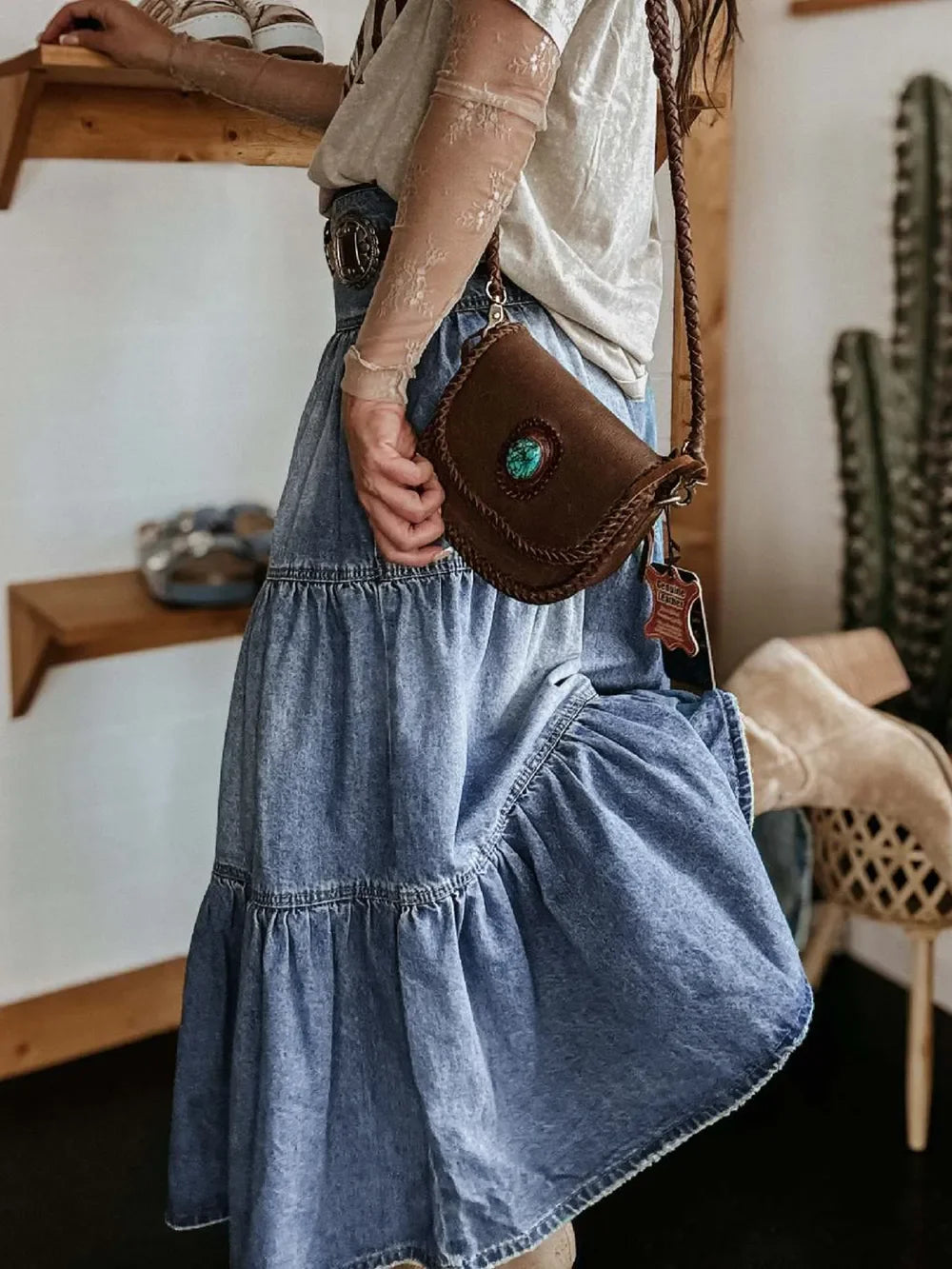 Casual Flowing Denim Tiered Button Fly Skirt - Southern Shores Clothing