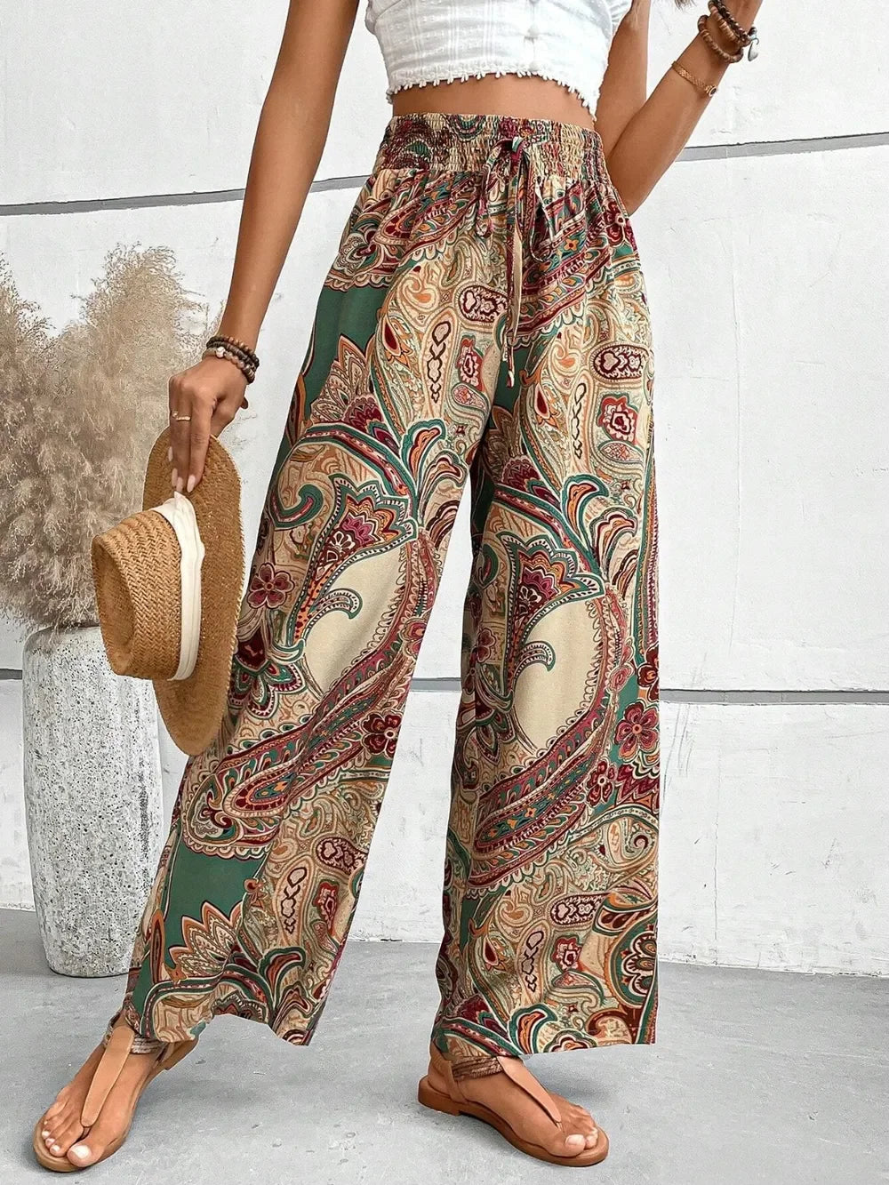 Printed Wide Leg Pants With Paisley Print Drawstring Waist - Southern Shores Clothing