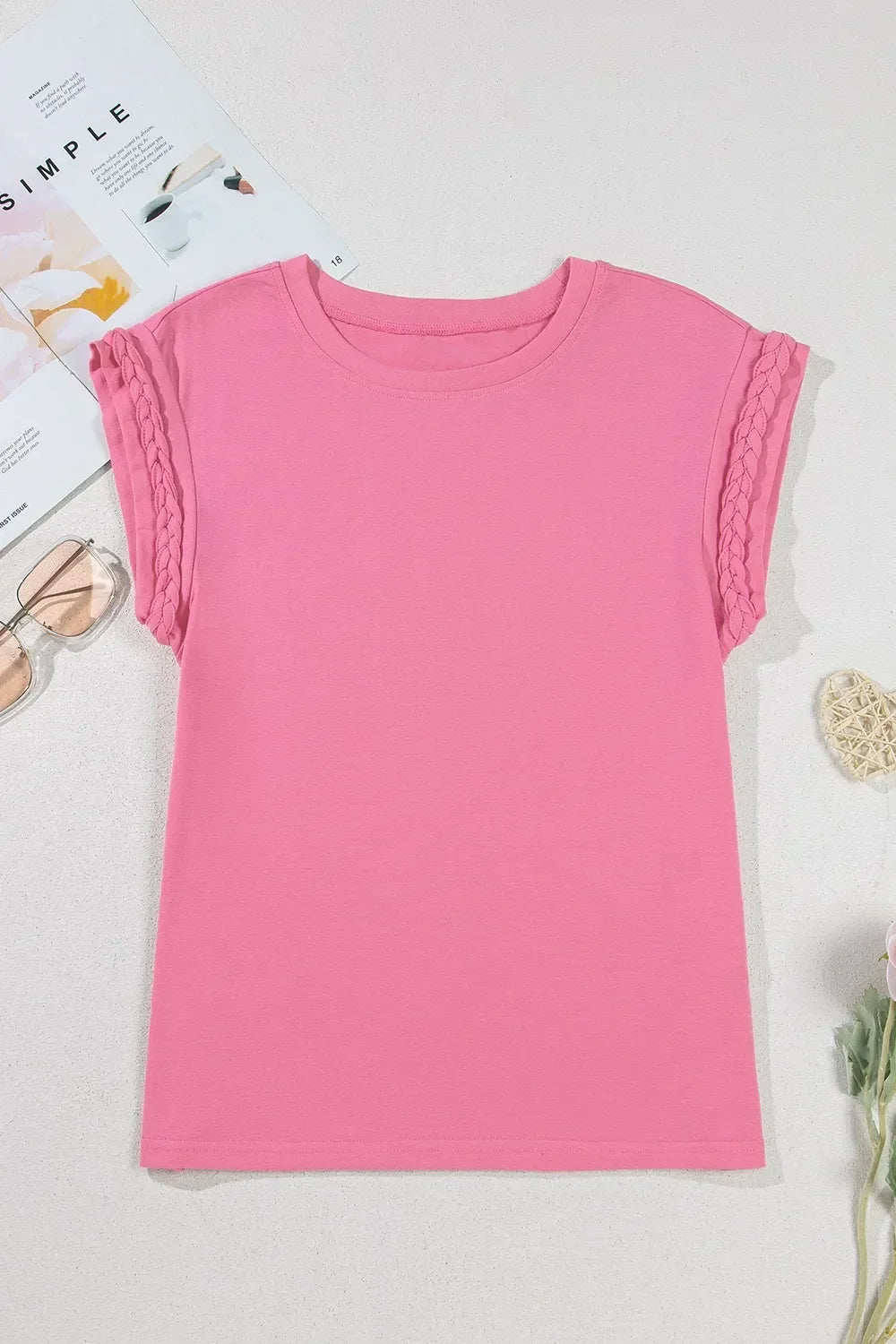Slightly Stretchy Braided Cap Sleeve Crew Neck T Shirt - Southern Shores Clothing