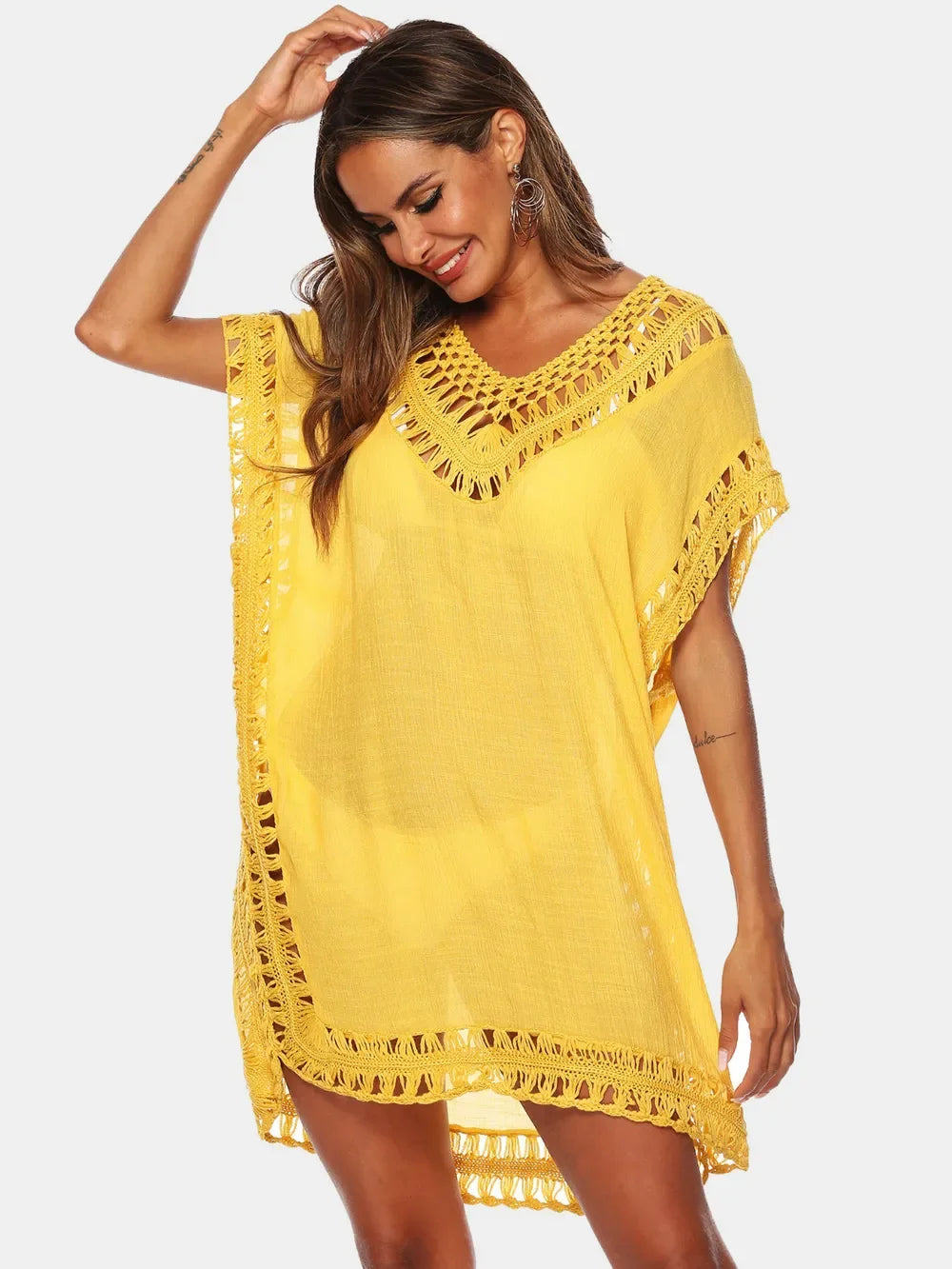 Cutout V-Neck Short Sleeve Cover-Up One Size - Southern Shores Clothing