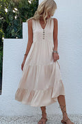 Decorative Button Sleeveless Tiered Dress - Southern Shores Clothing