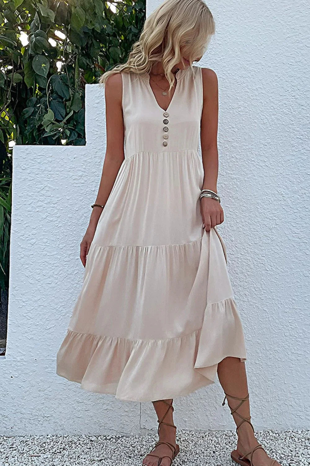 Decorative Button Sleeveless Tiered Dress - Southern Shores Clothing