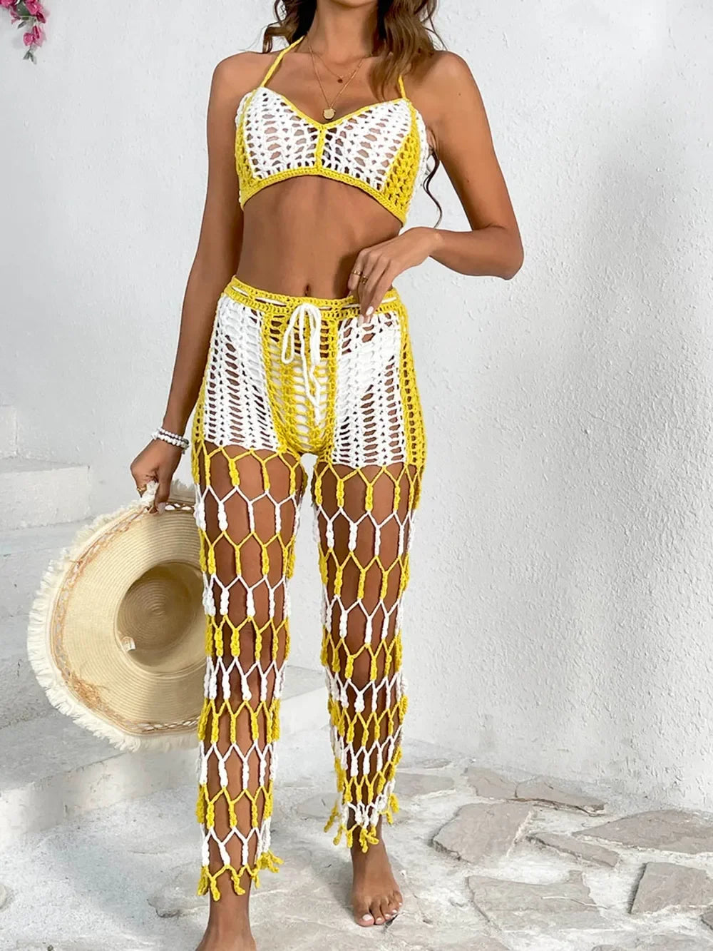 Cutout Crochet Halter Top And Netted Pants Two-Piece Swim Set - Southern Shores Clothing
