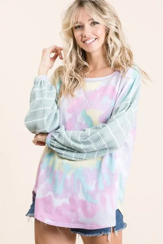 Tie Dye Terry Top With Wide Stripe Thermal Waffle - Southern Shores Clothing