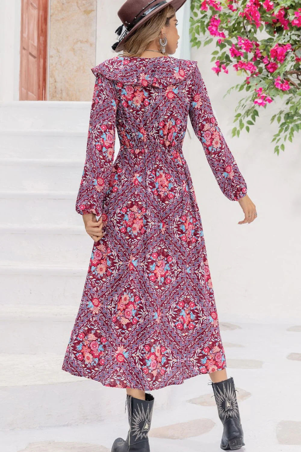 Printed Long Sleeve Slit Midi Dress - Southern Shores Clothing